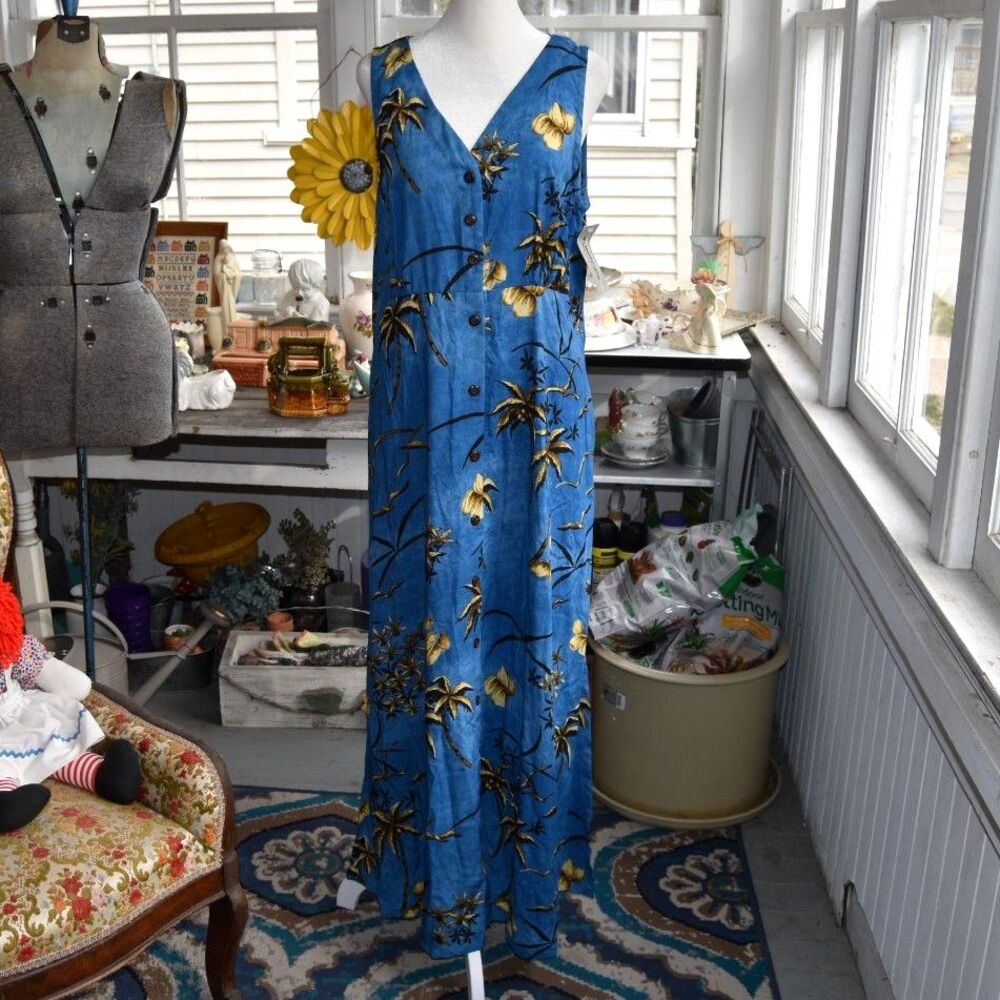 Vintage Diamond Head Sportswear Hawaiian Maxi Dress Blue Rayon Floral XL NWT